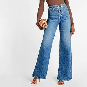 NWT Super High Waisted Medium Wash Exposed Button Fly 90s Wide Leg Jeans Sz 4R